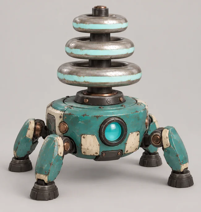 Coil, a turquoise scrapyard bot with a stack of electrical rings
