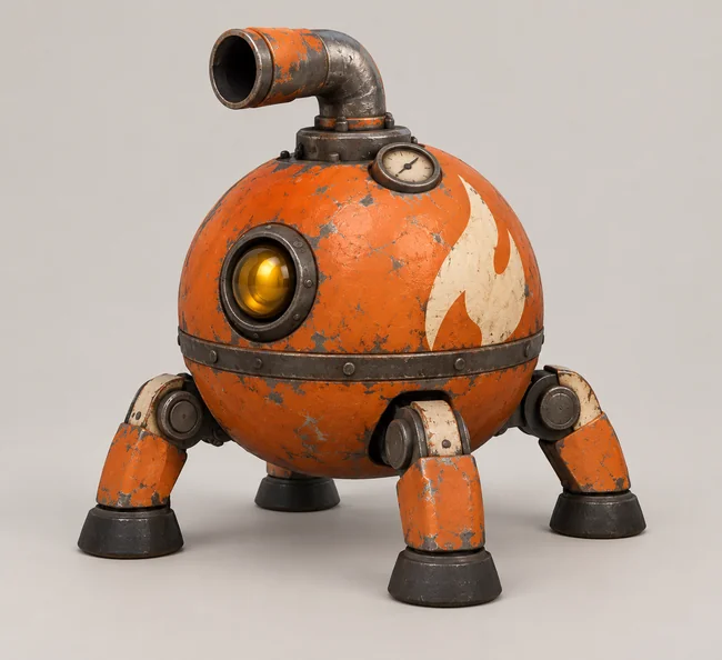 Fuel, a red tank-shaped scrapyard bot