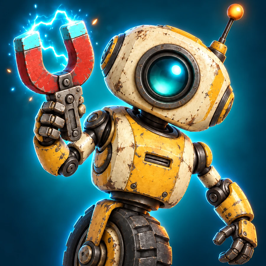 Fuse, a small yellow scrap robot with one glowing blue eye, one wheel and a red magnet